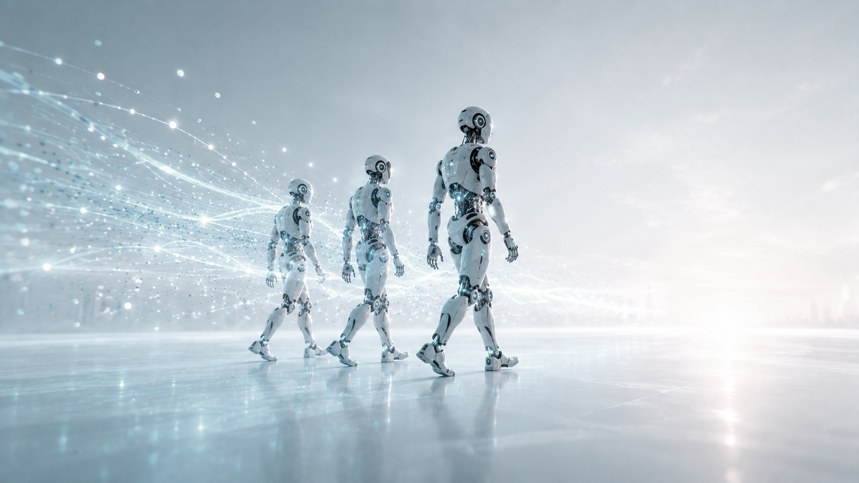 Humanoid robots walking forward in light